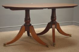 Reproduction inlaid mahogany twin pedestal dining table, column supports and splayed feet,