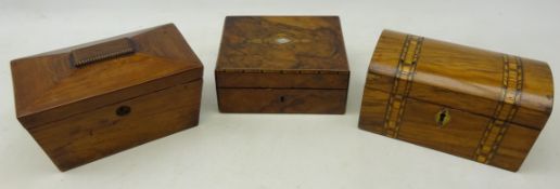 Two 19th century rosewood tea caddies, one with banded inlay and a walnut inlaid box,