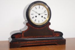 Victorian ebonised mantel clock, inlaid with amboyna wood, circular enamel Roman dial,