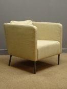 Modern club style chair upholstered in linen type fabric with metal supports,