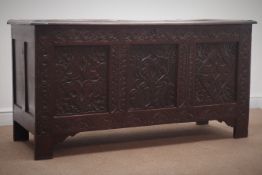 Large 18th century oak blanket chest, four panel hinged lid with moulded frame,