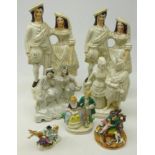 Pair Victorian Staffordshire King & Queen flatbacks and another with goat, Blanc-de-Chine group,