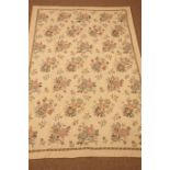 Old Kashmiri hand stitched wool chain beige ground rug, floral field, repeating border,