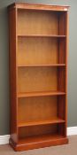Yew wood 6' open bookcase, projecting dentil cornice, five adjustable shelves, plinth base, W75cm,