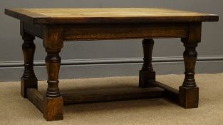 Early 20th century oak coffee table, turned supports joined by stretchers, W91cm, H46cm,