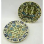 Two 20th century Greek chargers by Icaro Rodi, painted in the Iznik style with flowers and Galleon,