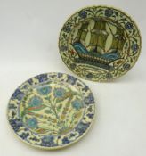 Two 20th century Greek chargers by Icaro Rodi, painted in the Iznik style with flowers and Galleon,