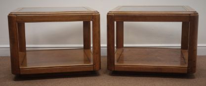 Pair square lamp tables with inset glass tops and undertiers, 70cm x 70cm,