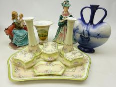 Continental porcelain dressing table set on tray, Kaiser 'Belvederer' vase,