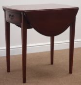 Yew wood drop leaf Pembroke table, square tapering supports, 73cm x 102cm,