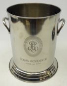 Stainless steel two-handled wine cooler stamped 'Louis Roederer' on stepped base,