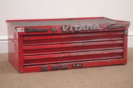 Vintage red painted three drawer tool chest with 'Taskmaster', 'Vitara' and 'Fiesta' car badges,