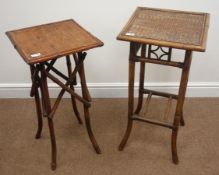 Two bamboo side tables, splayed supports joined by stretchers, 36cm x 36cm,