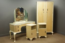 20th century bedroom suite, wardrobe with two doors enclosing fitted interior on cabriole legs,