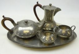 Arts & Crafts 'Homeland' five piece pewter tea set on tray Condition Report <a