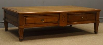 French cherry wood coffee table with through drawers, parquetry top, square tapering supports,