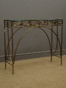 Metal work bronzed effect console table with bevelled glass top, 31cm x 91cm,