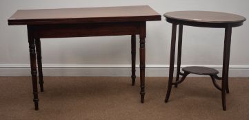 19th century mahogany card table, rectangular fold over swivel top, turned supports (115cm x 50cm,