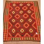 Maimana Kelim brown ground rug, geometric pattern field,
