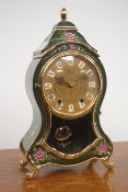 'Eluxa' French style cartouche shaped mantel clock, green finish with painted floral decoration,