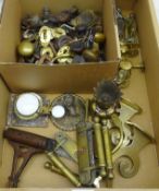 Quantity of brass and turned wood door fittings including a 19th century cast iron door hinge by W.