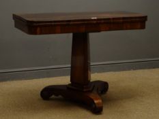 Regency rosewood tea table, fold over swivel top, canted triangular tapered column,