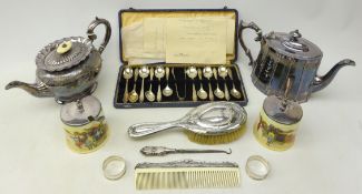 Two Victorian Britannia metal teapots, silver dressing hairbrush and comb, two silver napkin rings,
