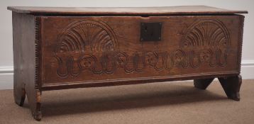 17th century oak plank coffer, hinged lid with front mould,