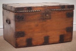 19th century pine and metal bound chest, hinged lid with studded leather band,