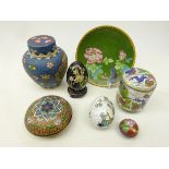Six pieces of Chinese Cloisonne including a circular dish, two eggs,
