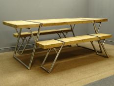 Industrial style rectangular pine dining table on angular polished metal supports (202cm x 90cm,