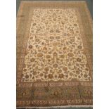 Kashan beige ground rug, floral field, repeating border,