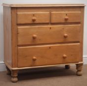Victorian waxed pine chest, two short and two long drawers, turned feet, W87cm, H83cm,