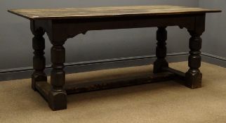 19th century oak refectory dining table, turned supports, joined by stretchers, 81cm x 185cm,