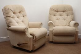 Pair La-Z-Boy manual reclining armchairs upholstered in beige diamond pattern fabric,