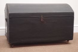 Victorian black covered dome top trunk with blue/white polka dot lined interior, W78cm, H48cm,