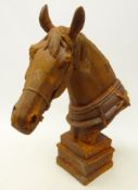 Cast iron horse head figure with bridle and harness, W37cm, H45cm,