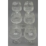 Set of six brandy balloons etched with thistles & hobnail cut design, unmarked,