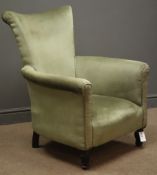 Late 19th century beech framed armchair, turned front feet, upholstered in green fabric,