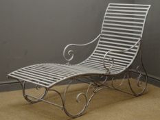 Silver finish wrought metal scrolled garden lounger, H100cm, W60cm,