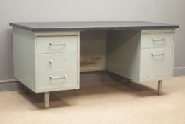Mid 20th century black and grey industrial style twin pedestal metal desk, five drawers, W153cm,