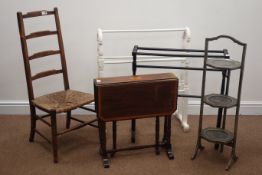 Country high ladder back chair with rush seat, folding three tier cake stand,