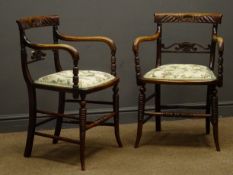 Pair Regency period stained beech elbow chairs, carved cresting rail and shaped pierced splat,