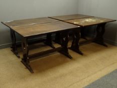 Six rectangular oak restaurant/bar tables, four with solid end supports and single stretcher,