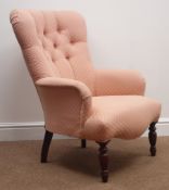 Victorian style armchair, upholstered buttoned back in pale pink fabric, turned front supports,