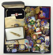 Collection of mostly enamelled pin badges, tie clips and pins including; Scarborough, butlins,
