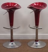Pair adjustable matching bar stools, red seat and chromed bases,