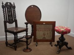 19th century mahogany pedestal table, piano stool and barley twist stand,