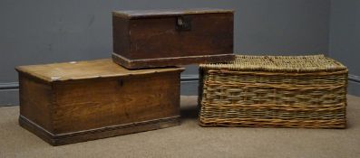 Two pine boxes with hinged lids and wicker hamper (3) Condition Report <a
