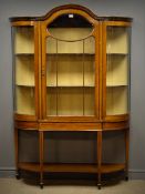 Edwardian inlaid mahogany display cabinet, shaped arched top,
